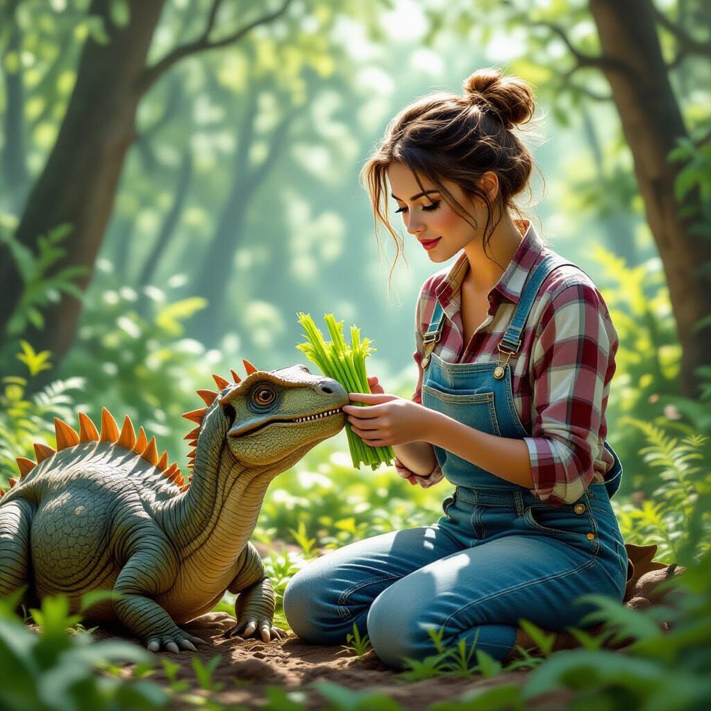 Woman Feeds Dinosaur in Prehistoric Forest, Photorealistic S...