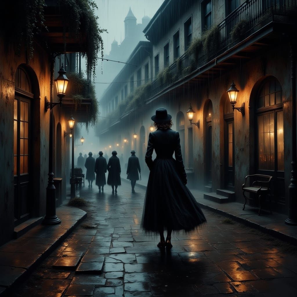 Mysterious Woman Walks Through Rainy French Quarter at Night