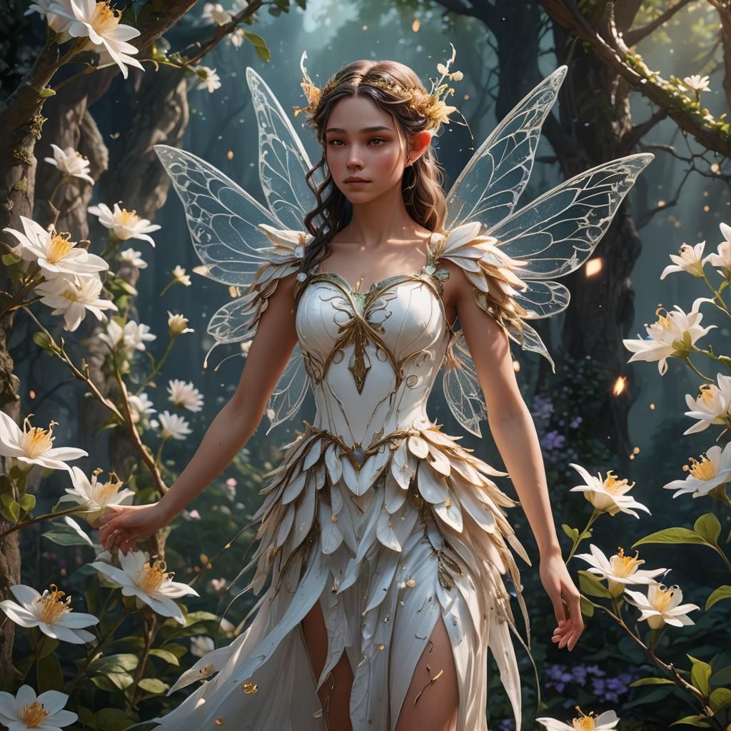 Honeysuckle Fairy in White Dress and Wings