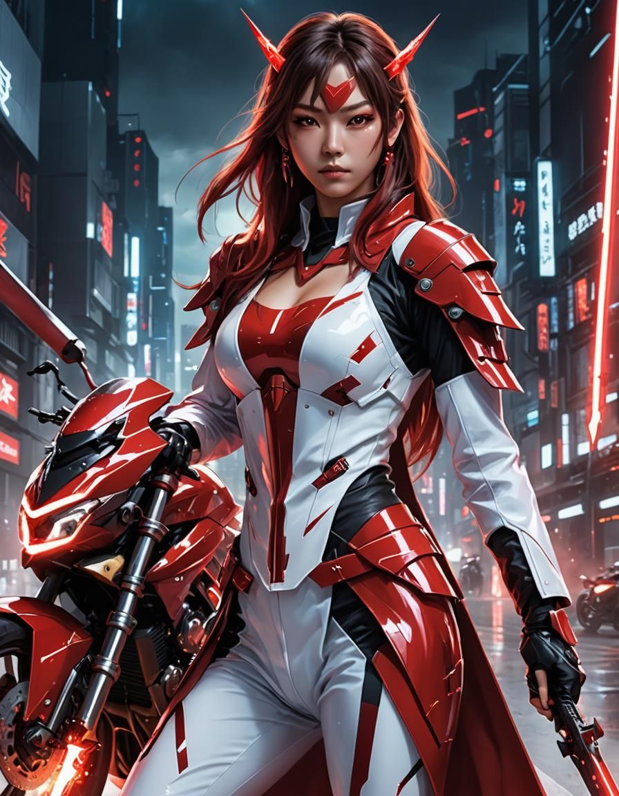 Young Japanese Witch Assassin in Futuristic Motorcycle