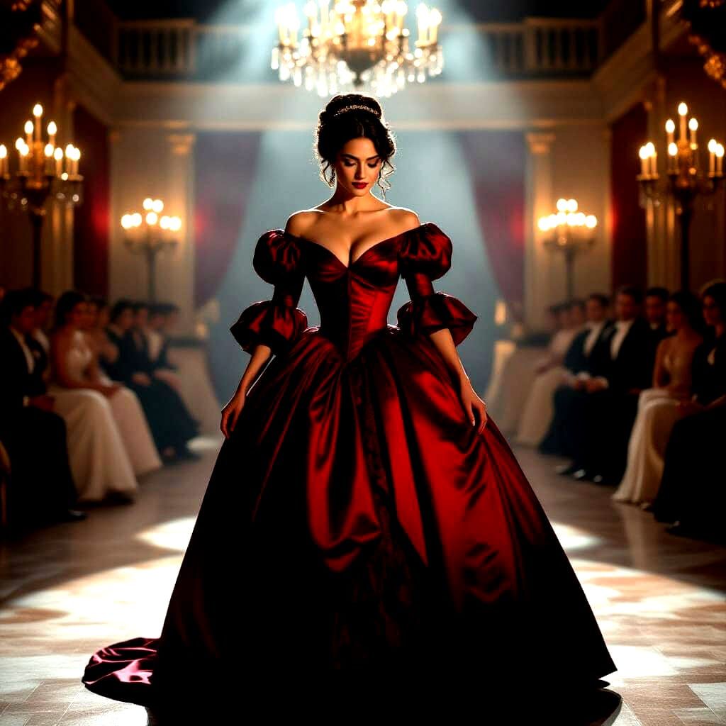 Elegant Woman in 1830s Red Gown in Candlelit Ballroom