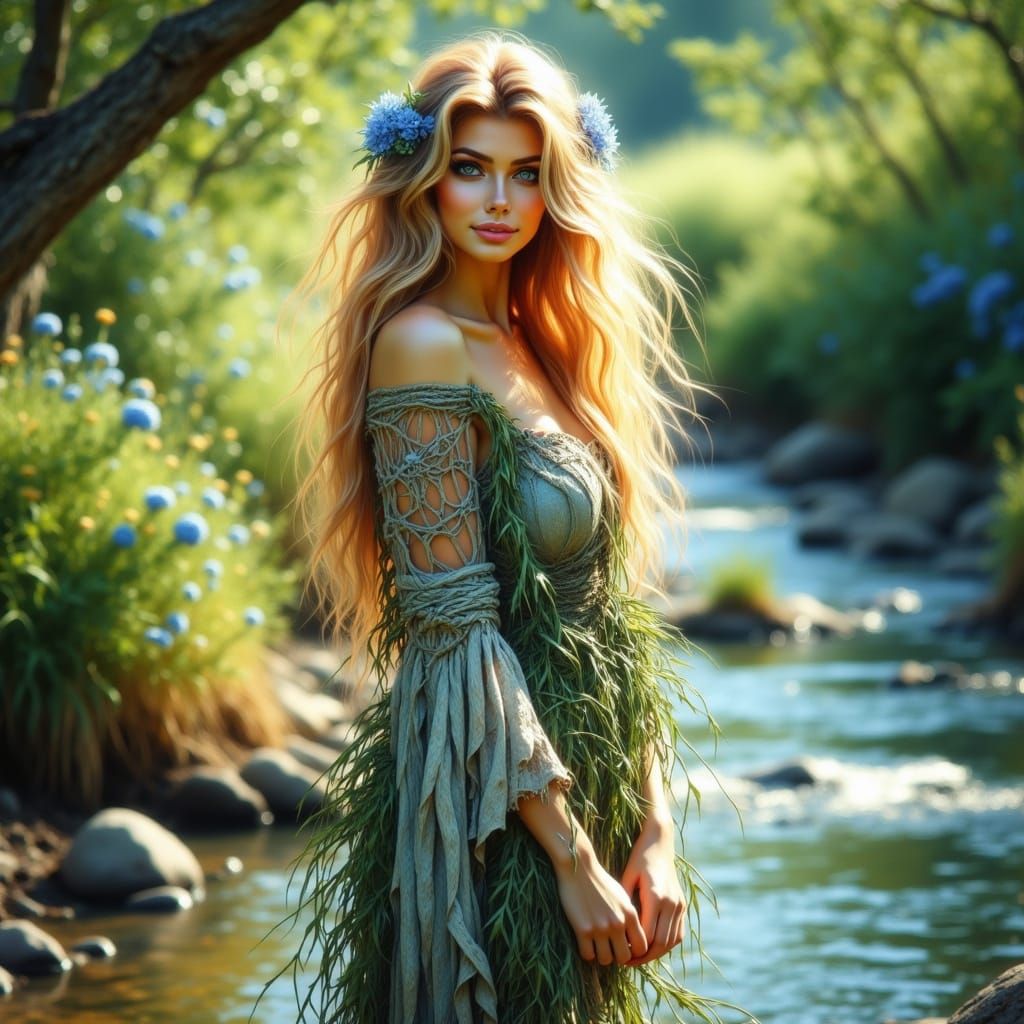 Serene Forest Nymph with Golden Hair and Blue Wildflowers