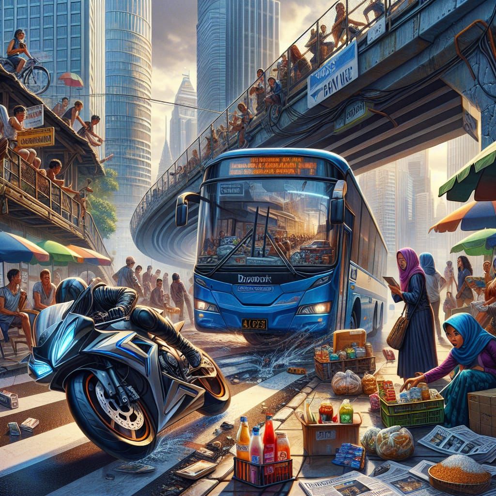 City Street Chaos: Motorcycle Narrowly Avoids Blue Bus