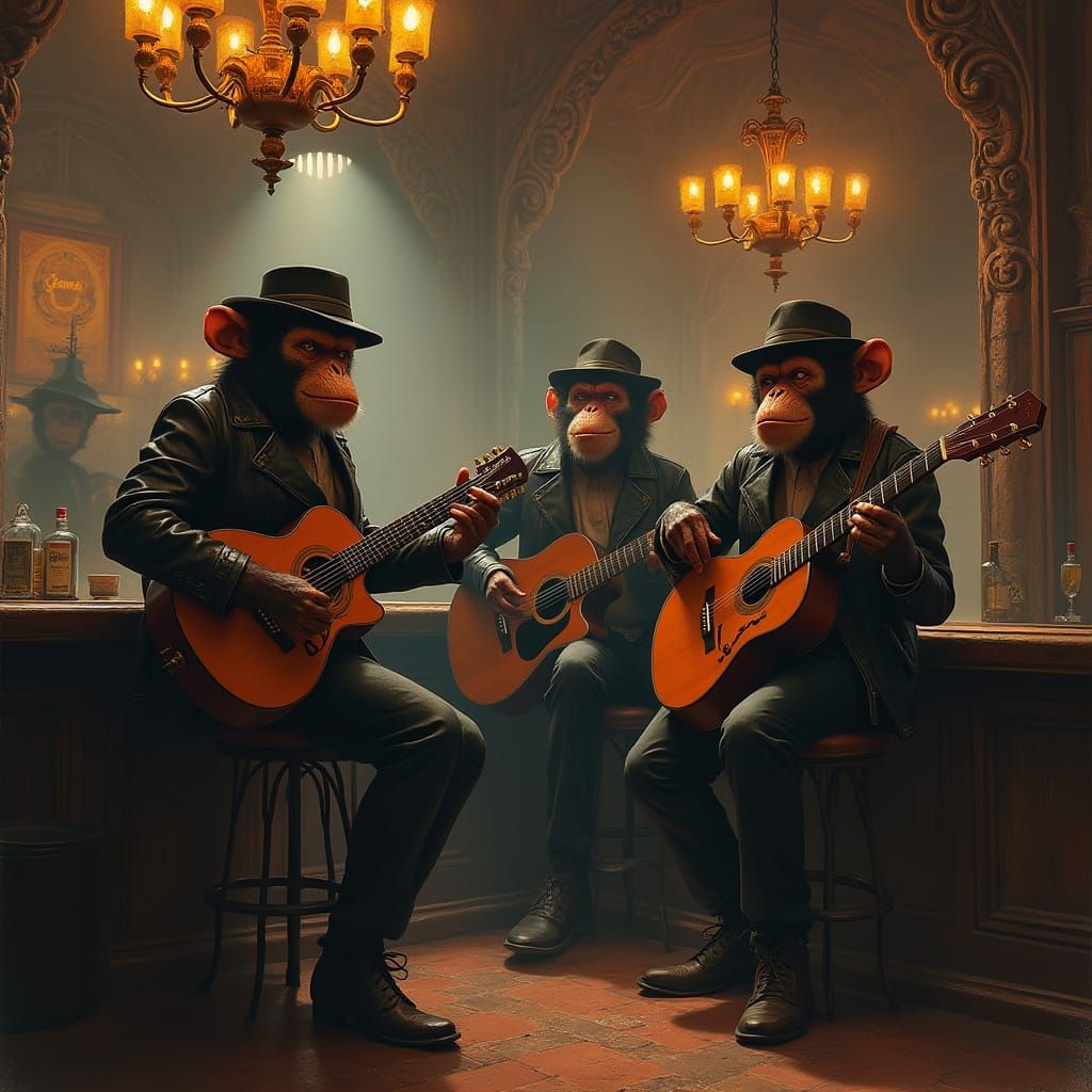 Monkeys in Bar Singing and Playing Guitars in Noir Style