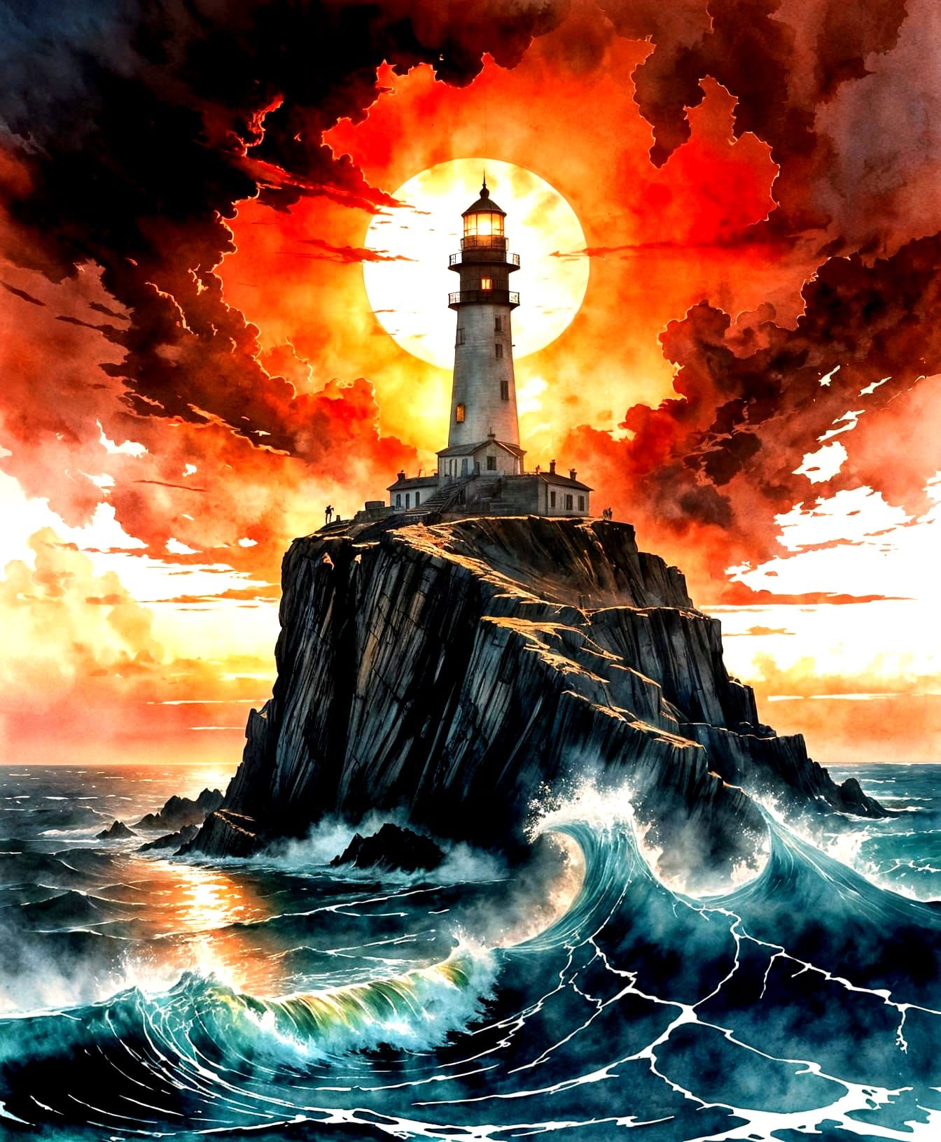Dramatic Lighthouse at Red Sunset, Watercolour Style