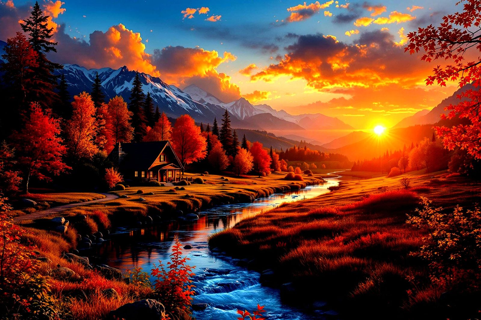 Surreal Autumn Panorama Captures Cozy Cabin at Sunset