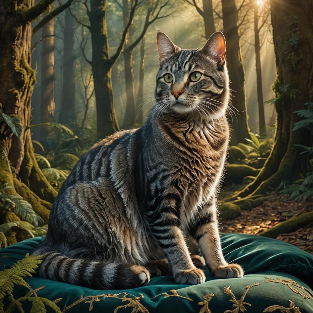 Regal Tabby Cat in Mystical Forest