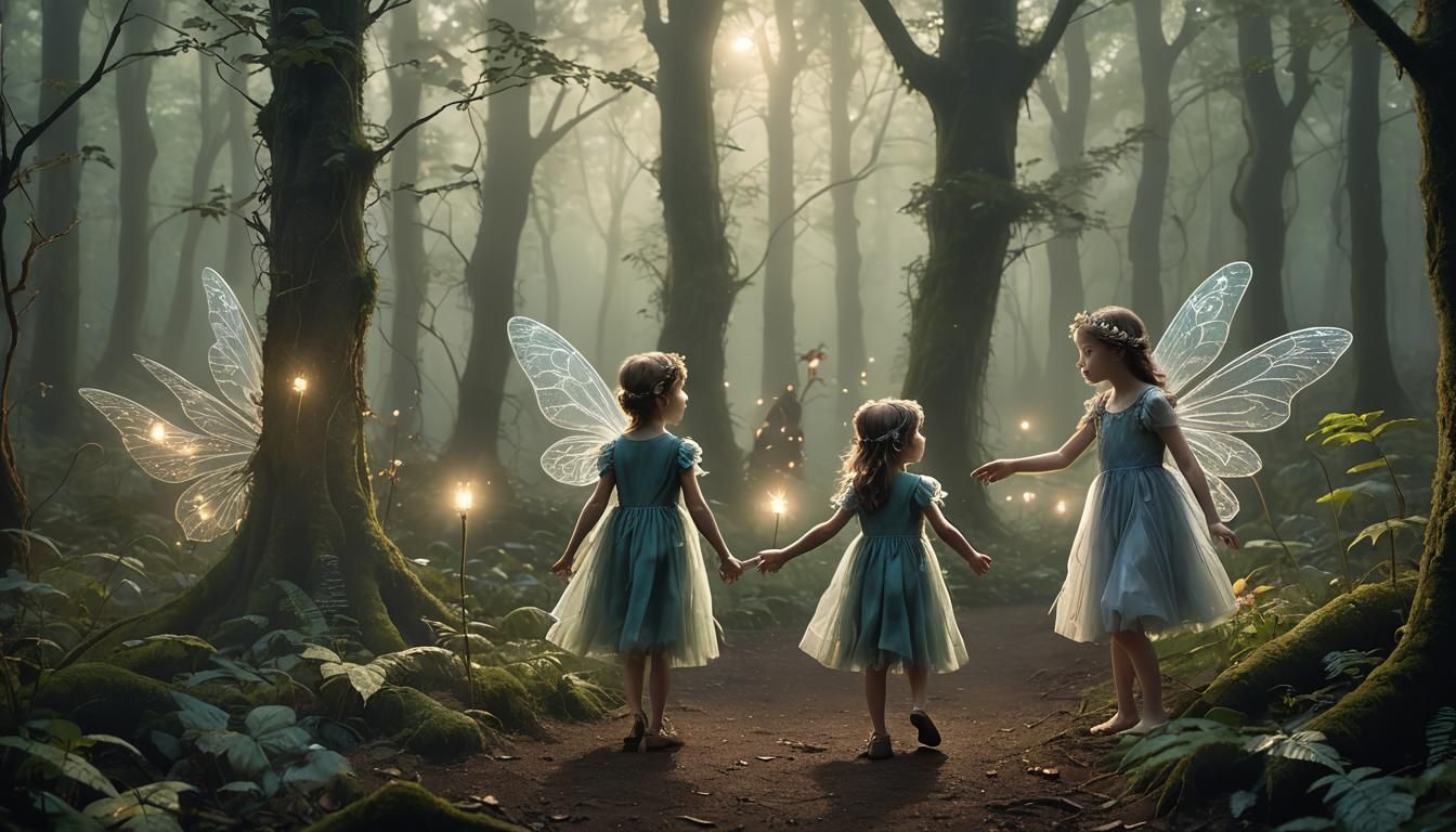 Fairies Guide Lost Child in Misty Forest