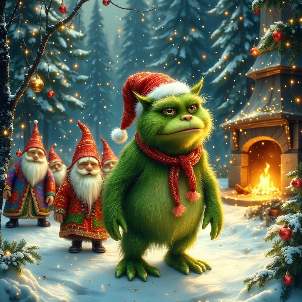 Grinch and Dwarfs Celebrate Christmas in Whimsical Art Style