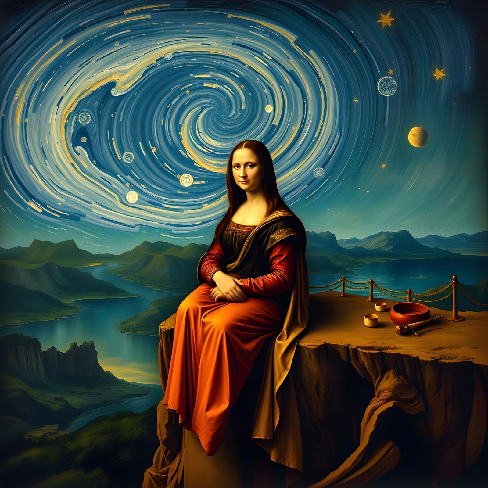 Ethereal Renaissance Goddess on Cosmic Cliff