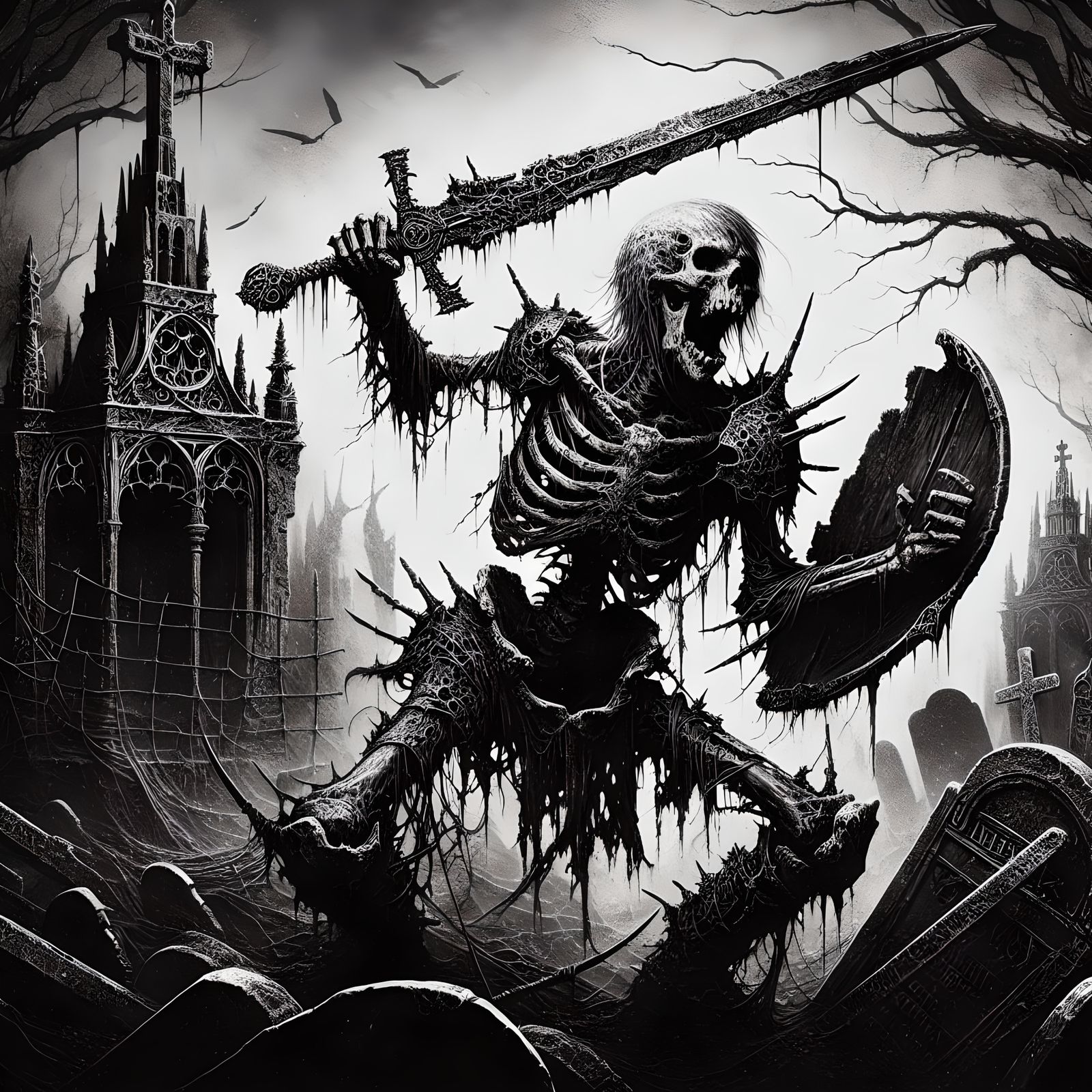 Gothic Skeleton Warrior in Graveyard Scene