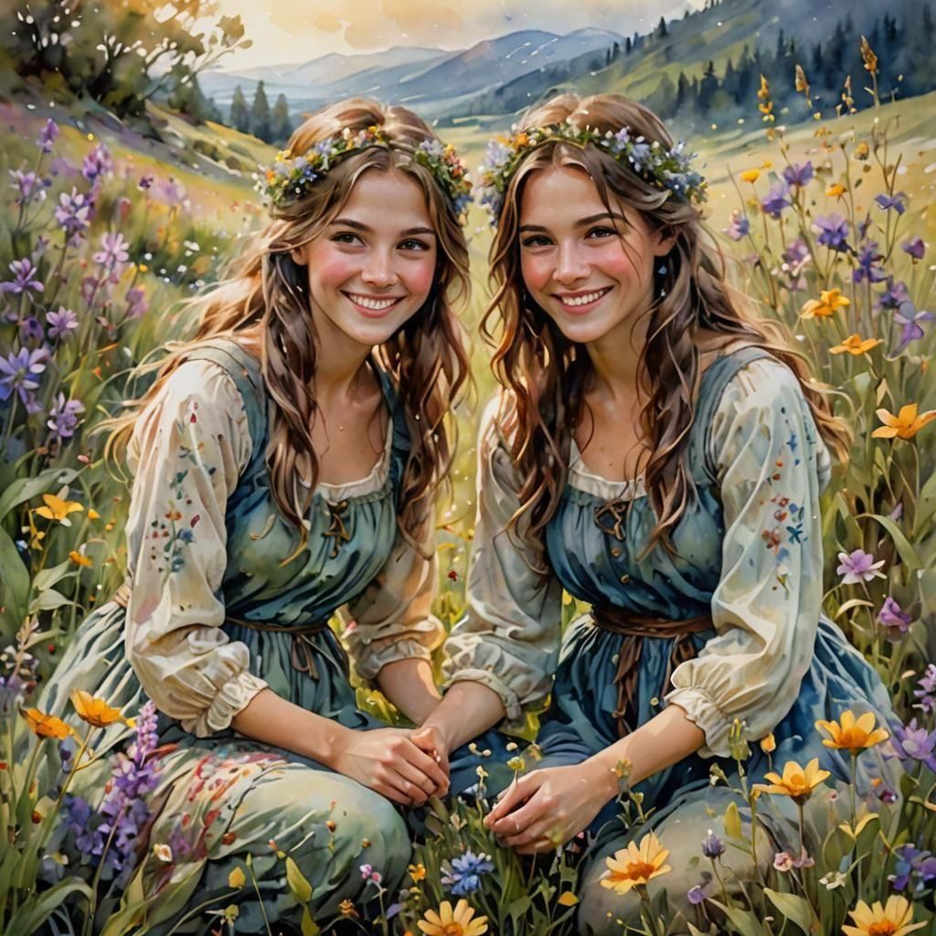 Ethereal Twins Gathering Wildflowers in Watercolor