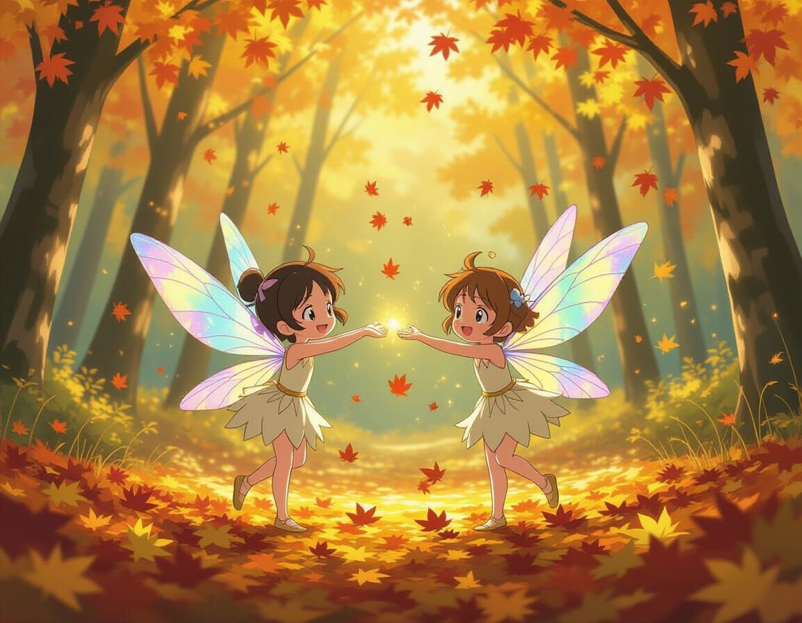 Anime Fairies in Autumn Forest Glade