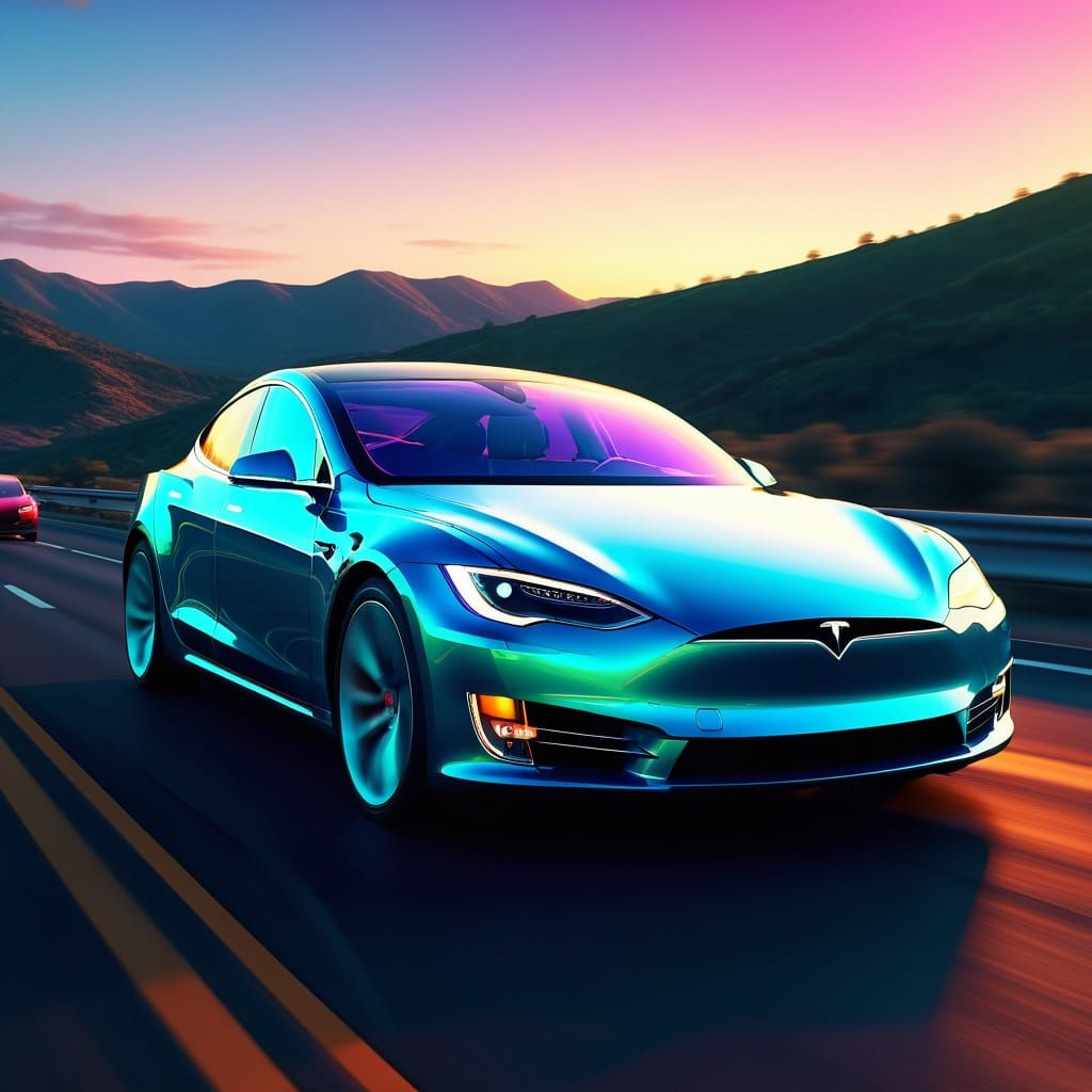 Tesla Car on Highway in Hyper-Realistic Digital Art
