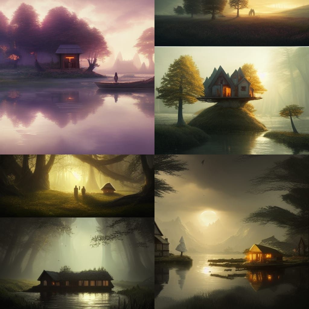 Fantasy Landscape with Floating Houses in Cosmic Style