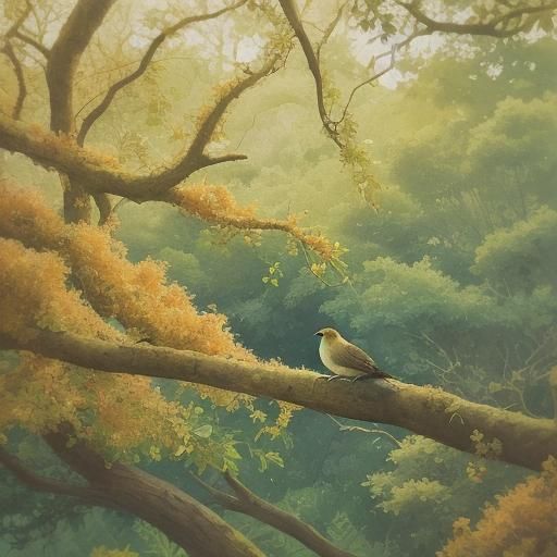 Idyllic Bird Family in Lush Forest Illustration