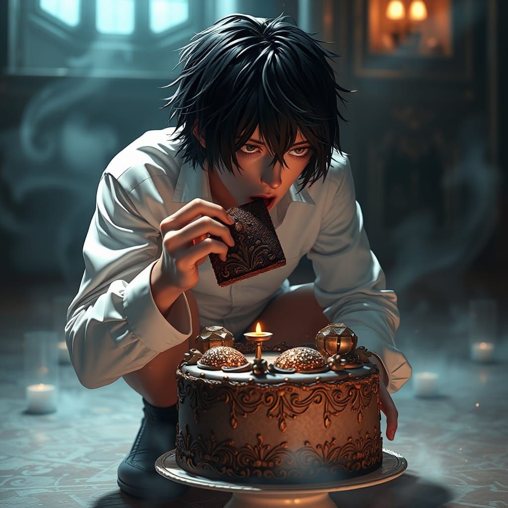 Light Yagami Devouring Cake in 3D Render