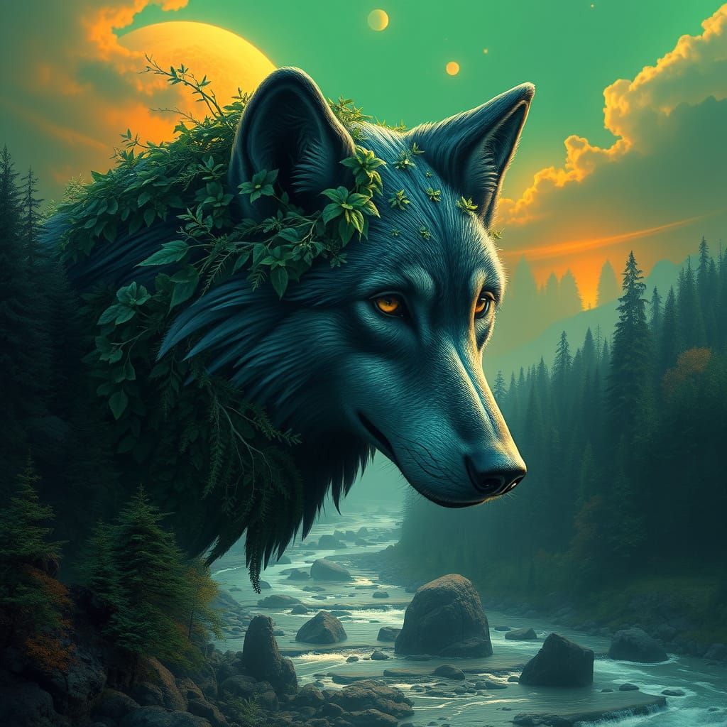 A captivating blend of nature and fantasy. At the center, there's a wolf's head, intricately detailed with lush green fo...