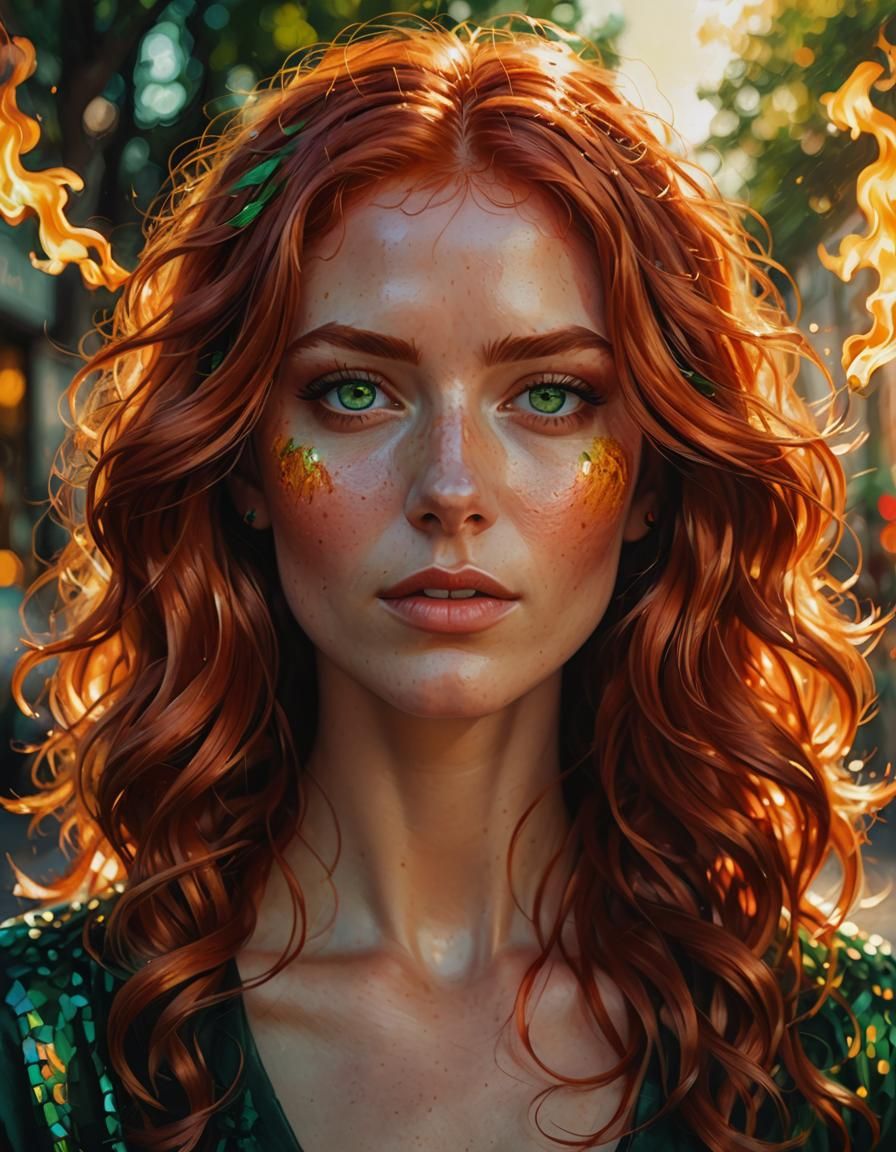 Portrait of Woman with Red Hair in Oil Painting Style