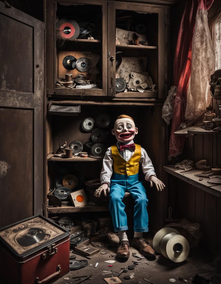 Colorful Abandoned Ventriloquist Dummy in Dark Cupboard