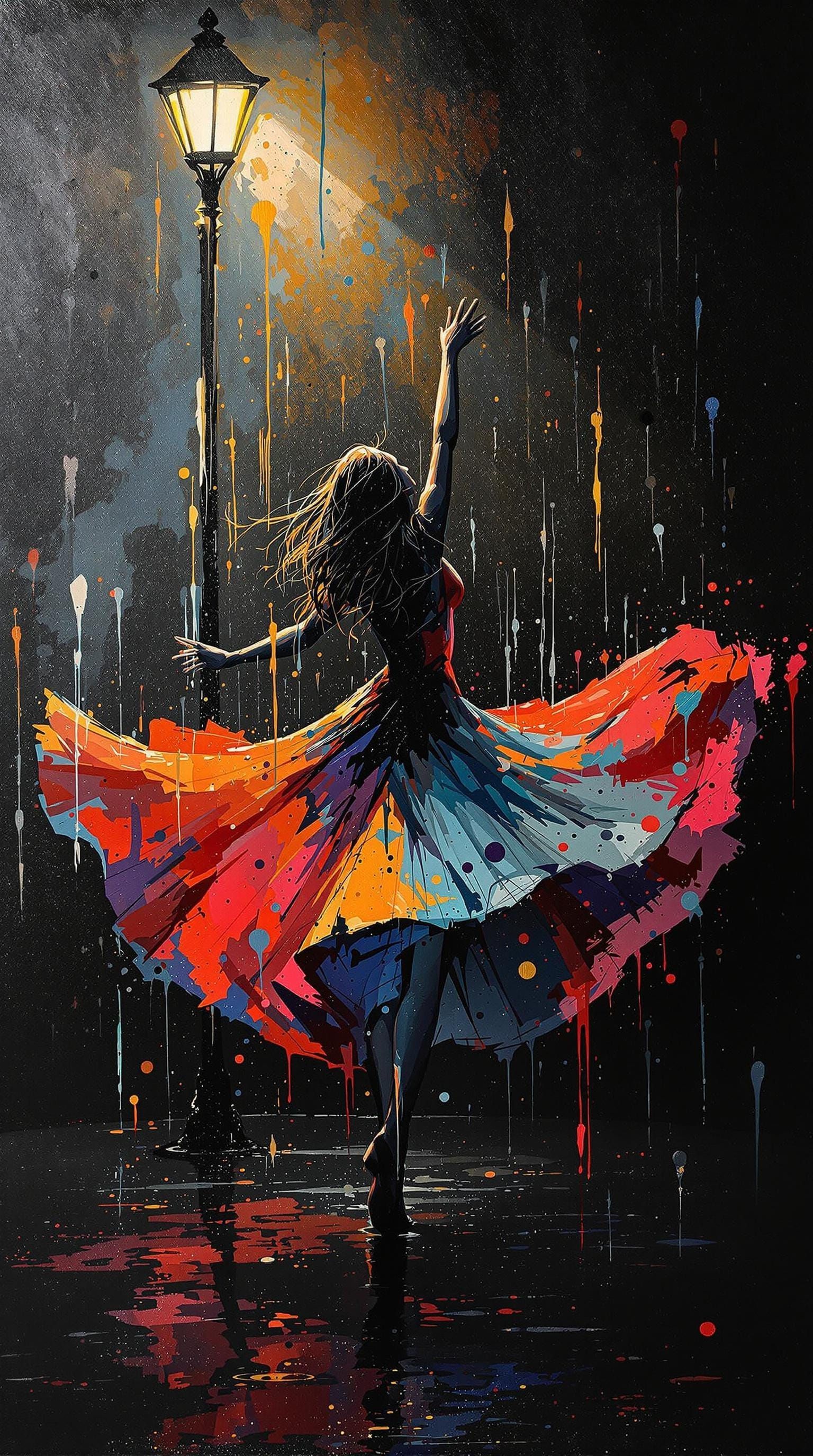 Woman Dancing in Rain as Impasto Abstraction