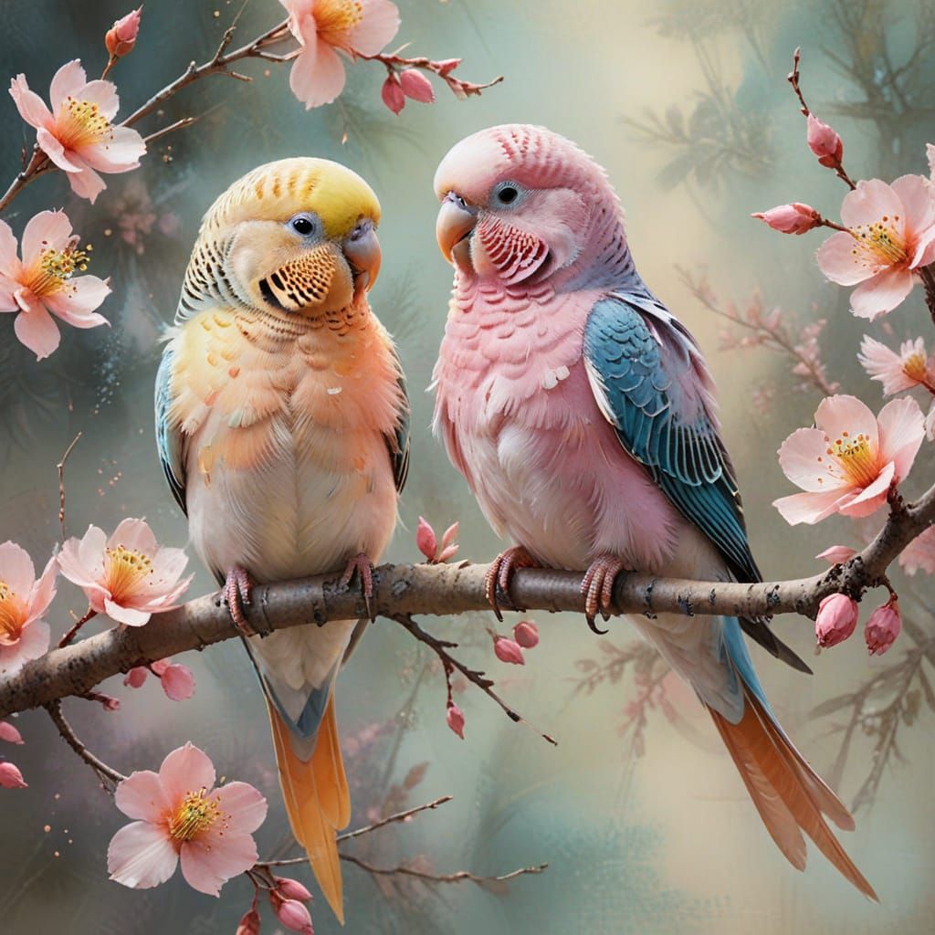 Impressionist Budgies in Spring Colors