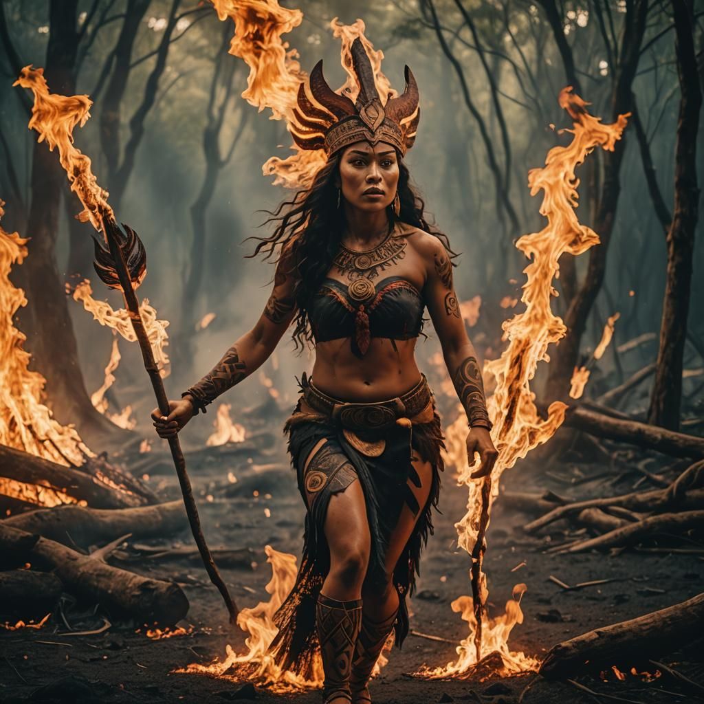Epic Maori Goddess Walking Through Fire