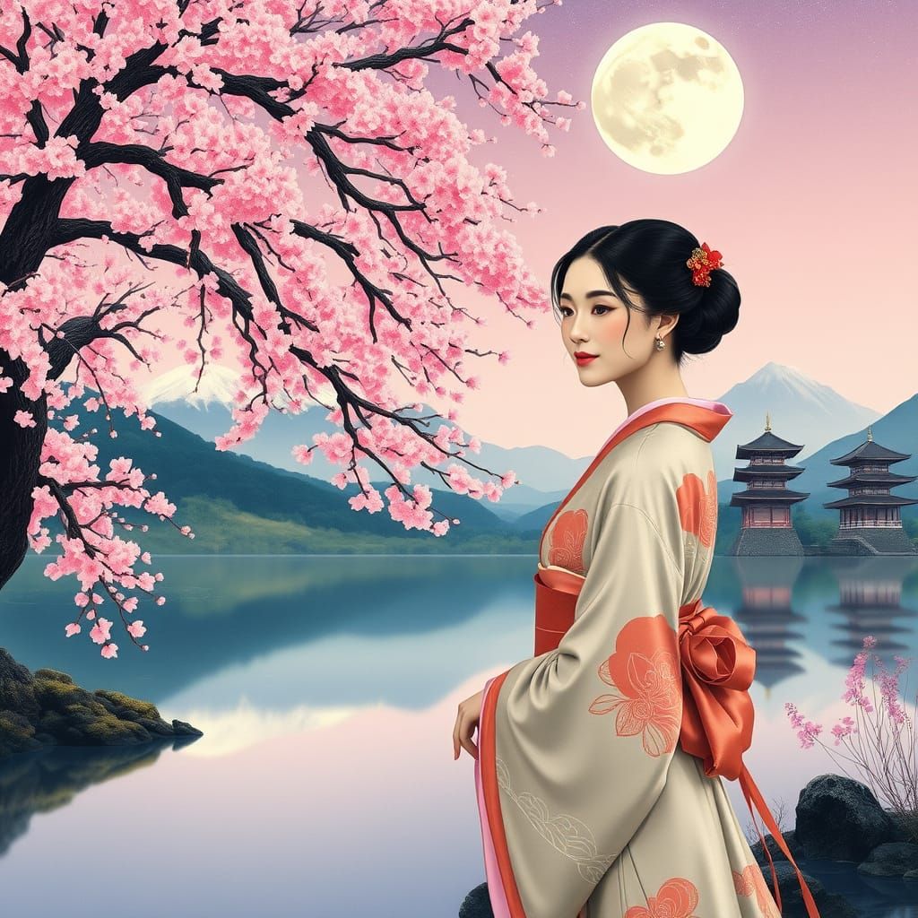 Majestic Sakura Tree Under Full Moon in Japanese Landscape