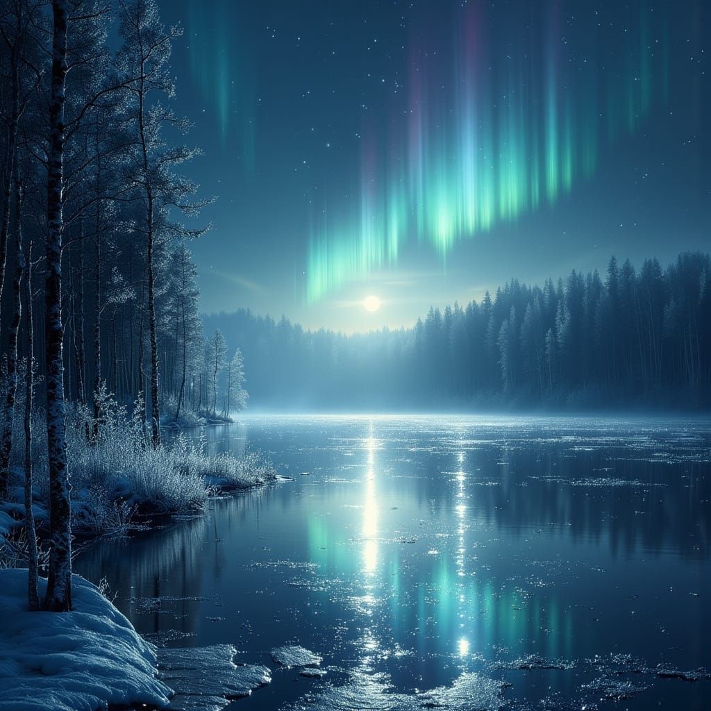 Moonlit Frozen Lake with Northern Lights