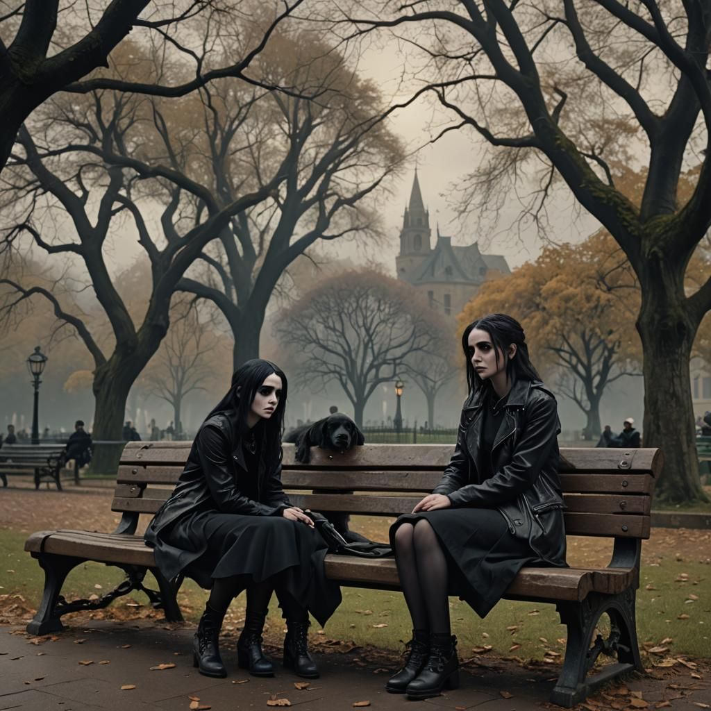 Goth Girl Crying on Bench: Digital Matte Painting