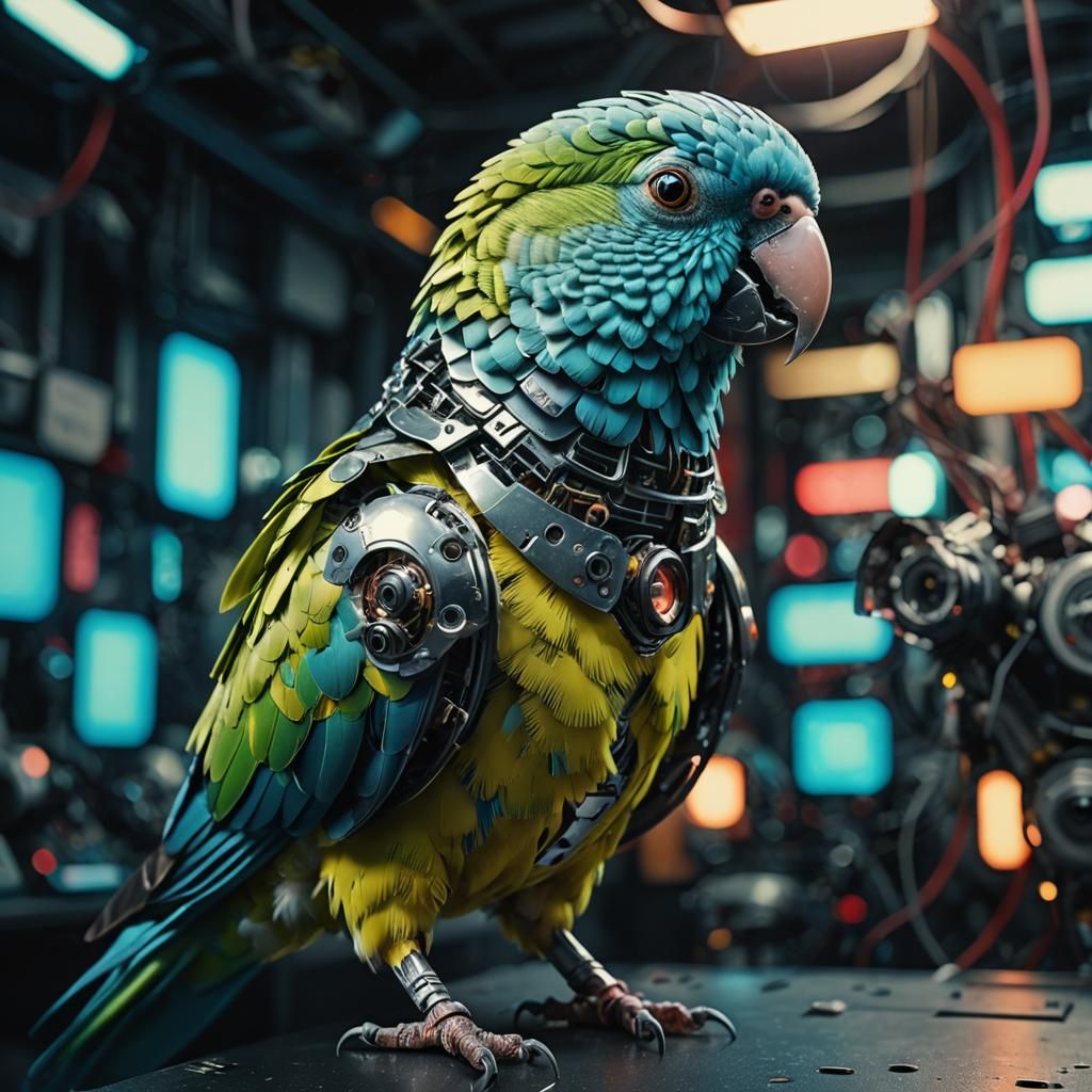 Cinematic Cyborg Parakeet Robot in Vibrant Colors