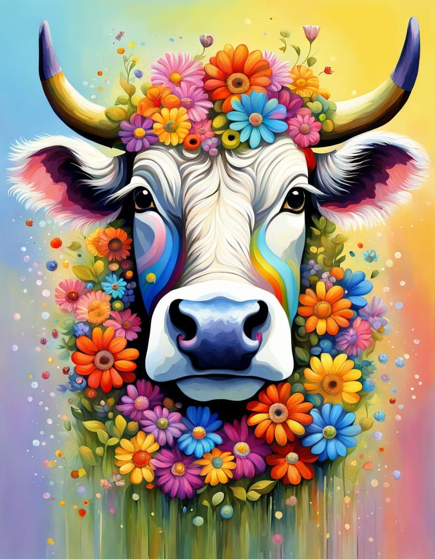 Cow with Curlers in Impressionist Style