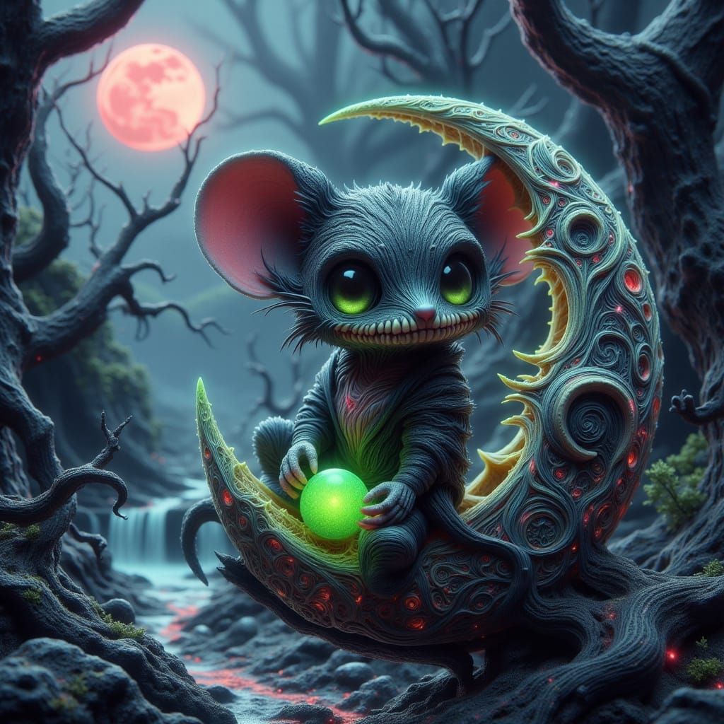 Skeletal Chibi Mouse with Glowing Orb on Carved Moon