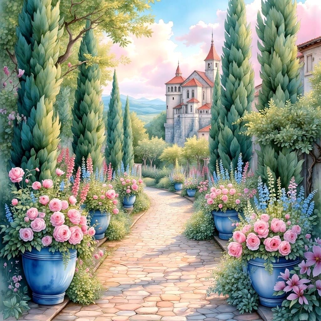 Whimsical Garden Scene with Majestic Castle and Cypress Tree...