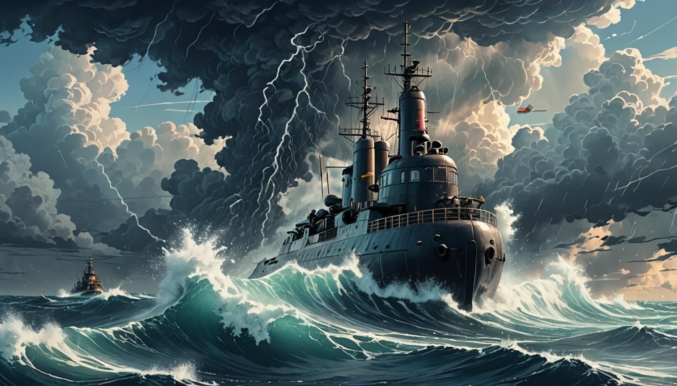 Submarine Sailing on Raging Ocean in Anime Style