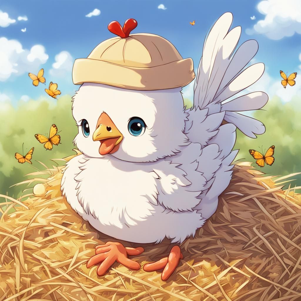 Cute Anime Baby Chicken with Butterflies