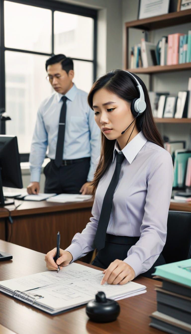 Stressed Secretary in Office, Cartoon Style