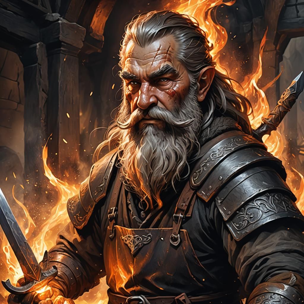 Dwarven Blacksmith Forging Elven Sword: Fantasy Art