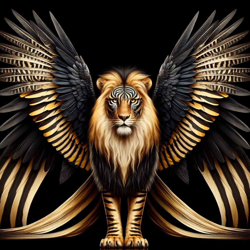 Majestic Lion-Zebra Chimera with Crow Wings