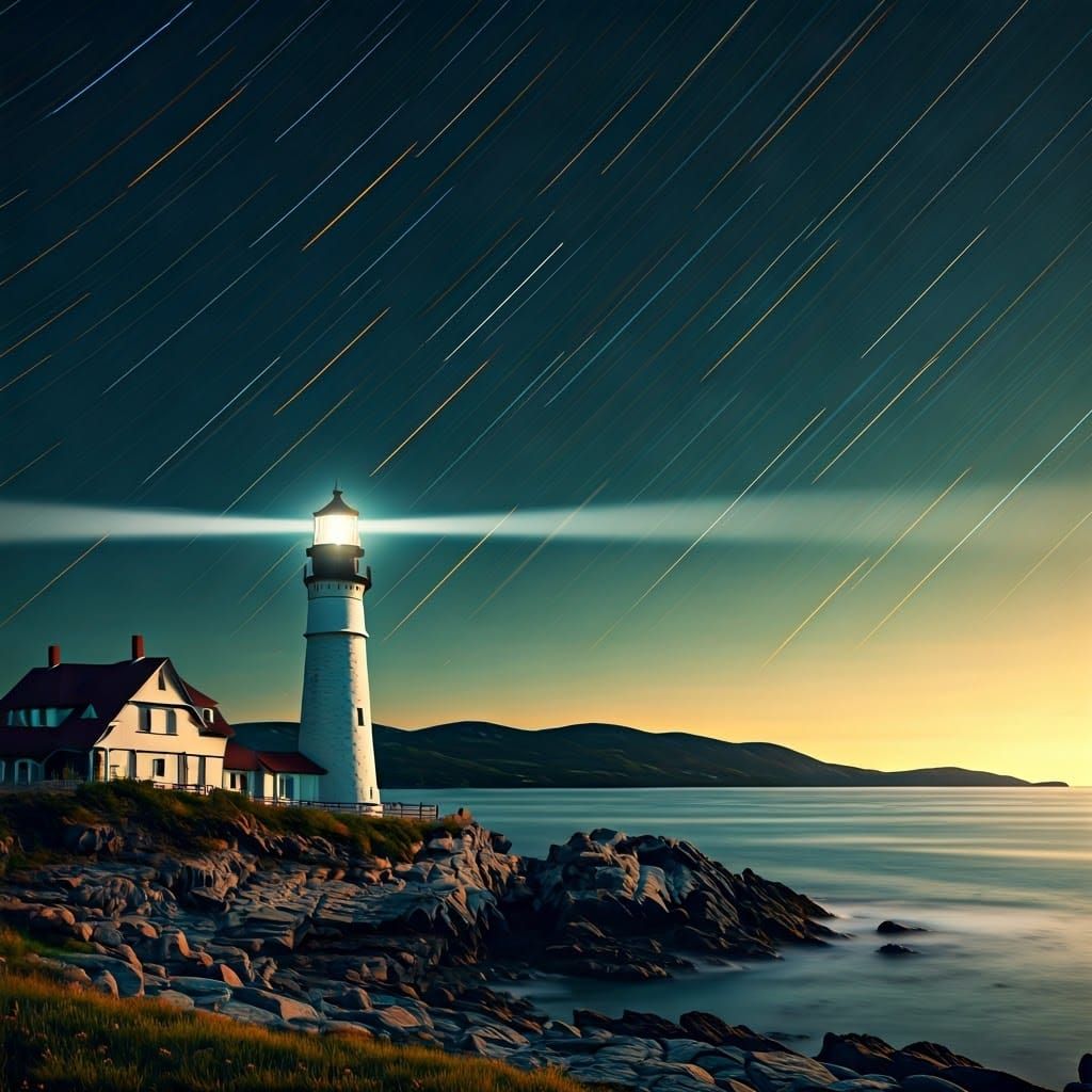 Lighthouse Shines Under Starry Night Sky