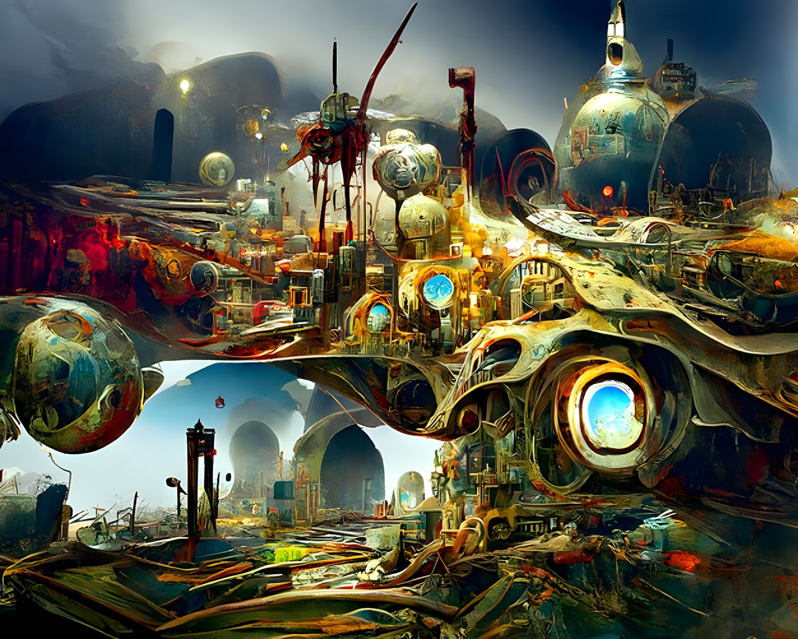 Dieselpunk Hellscape with Ancient Ruins and Airships