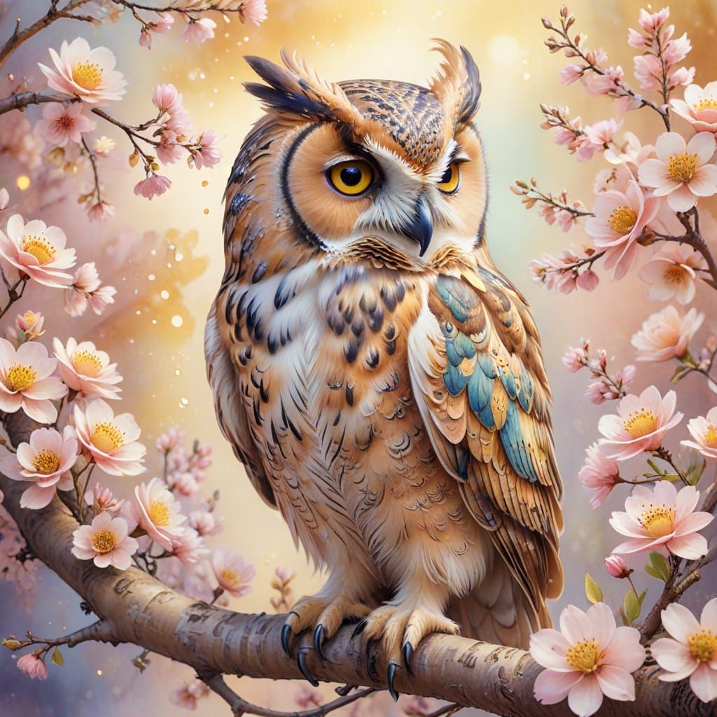 Whimsical Watercolor Owl in Springtime Bloom
