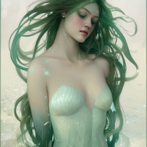 White Mermaid with Green Sparkles Portrait