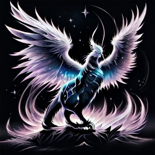 Fiery Angel Silhouette with Feathered Spiderweb Wings