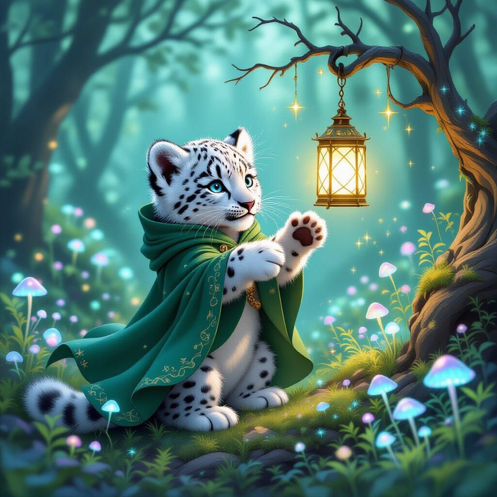 Snow Leopard Cub with Lantern in Dreamlike Forest