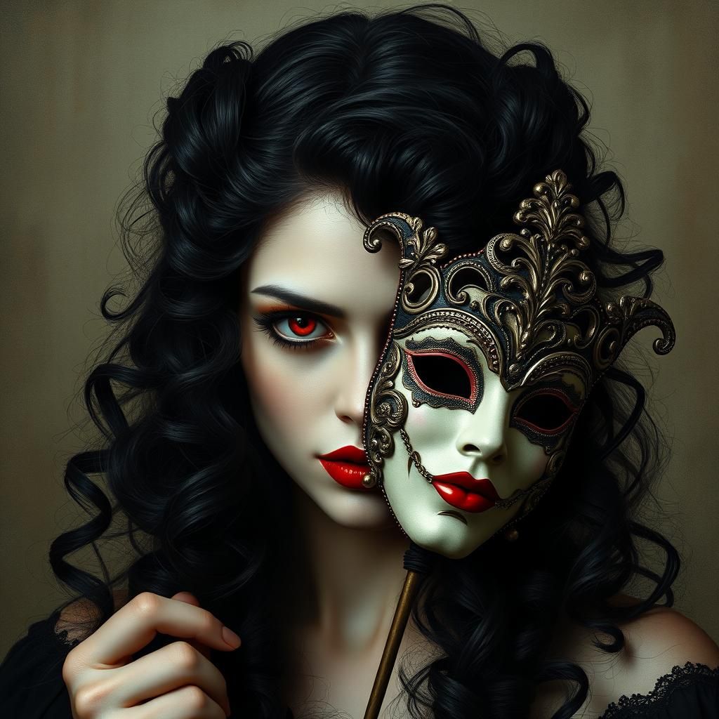 Vampire with Carnival Mask in Dark Romanticism Style