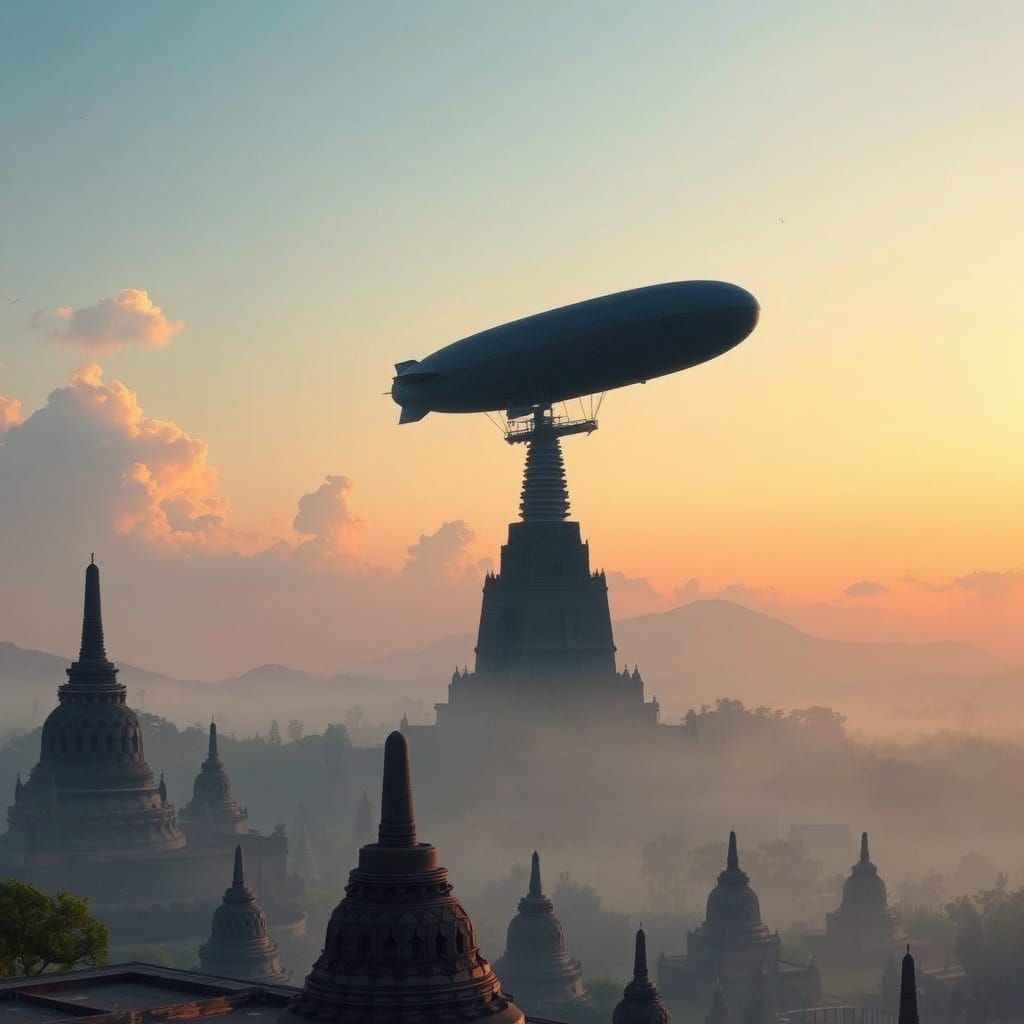 Zeppelin Flight Through Storm Over Ancient Temple