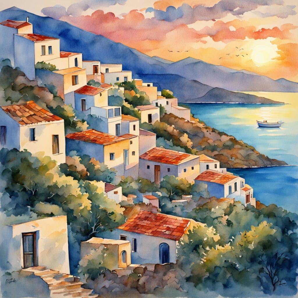 Dreamy Sunset in Greece as Watercolor Painting