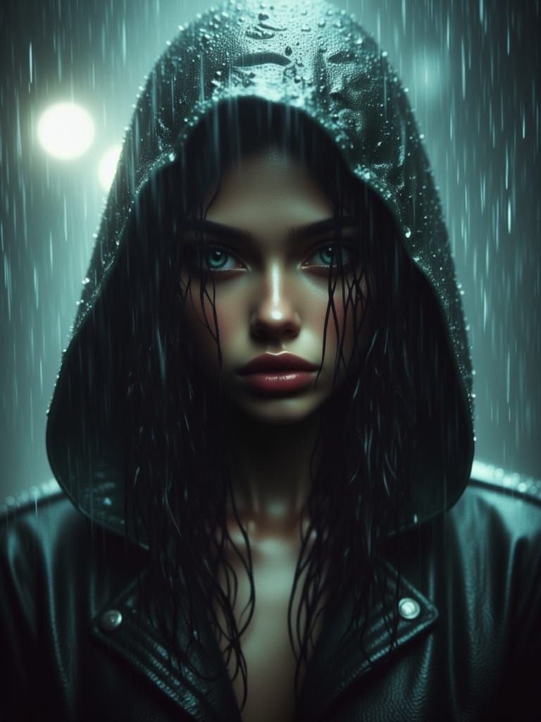 Rain-Soaked Portrait of a Woman in Cinematic Style