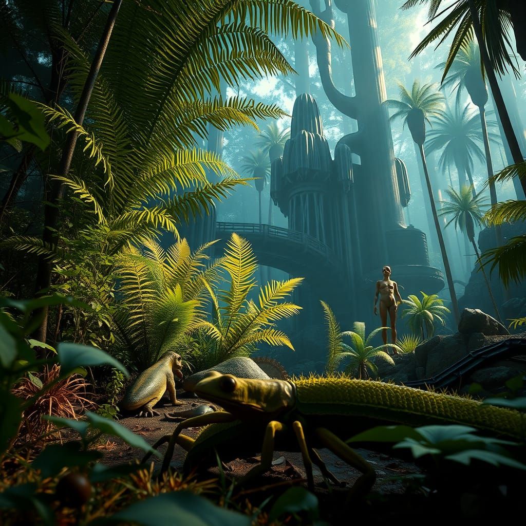 Jurassic Ferns and Microraptors in Prehistoric Jungle